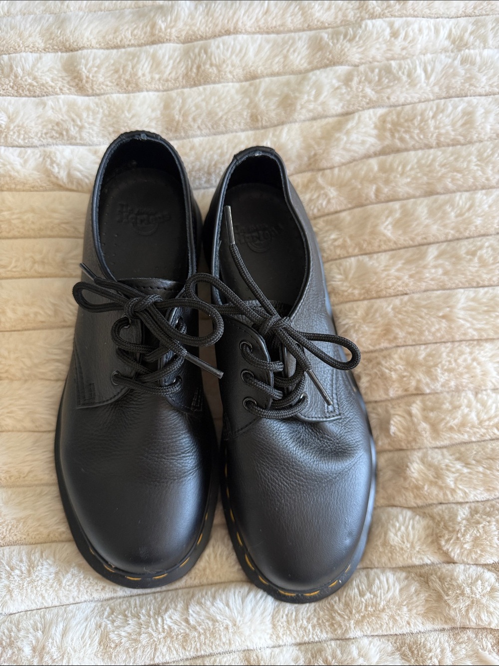 New Dr. Martens Black Leather 3-Eye Lace Flats Yellow Stitching & conditioner